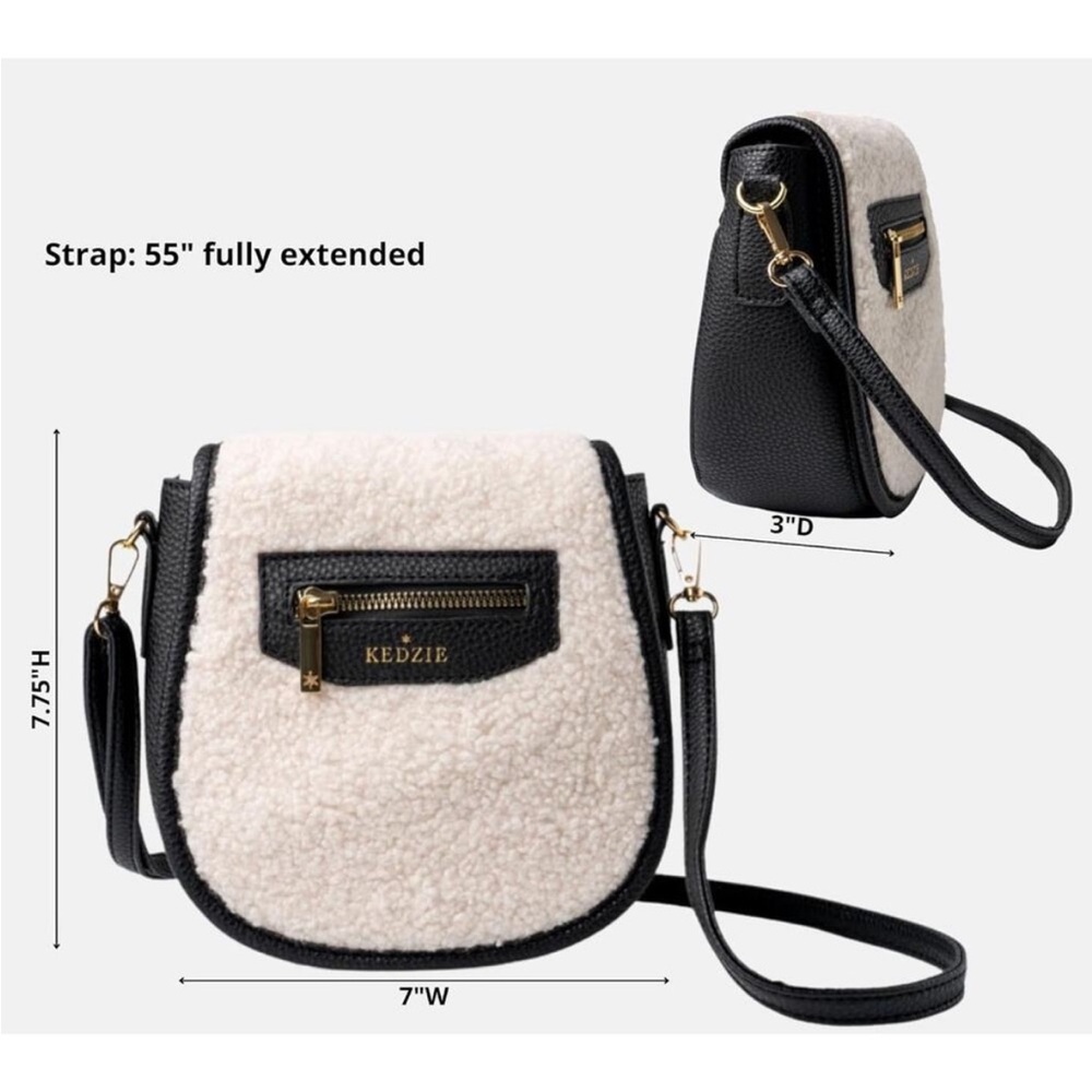 Kedzie Black & Ivory Camden Sherpa Crossbody Bag Plus 2 Extra Sherpa Straps - Picture 3 of 9